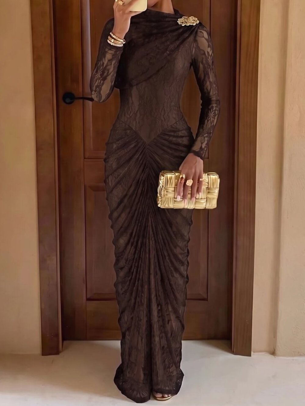 Brown Elegant Women's Lace Long Dress